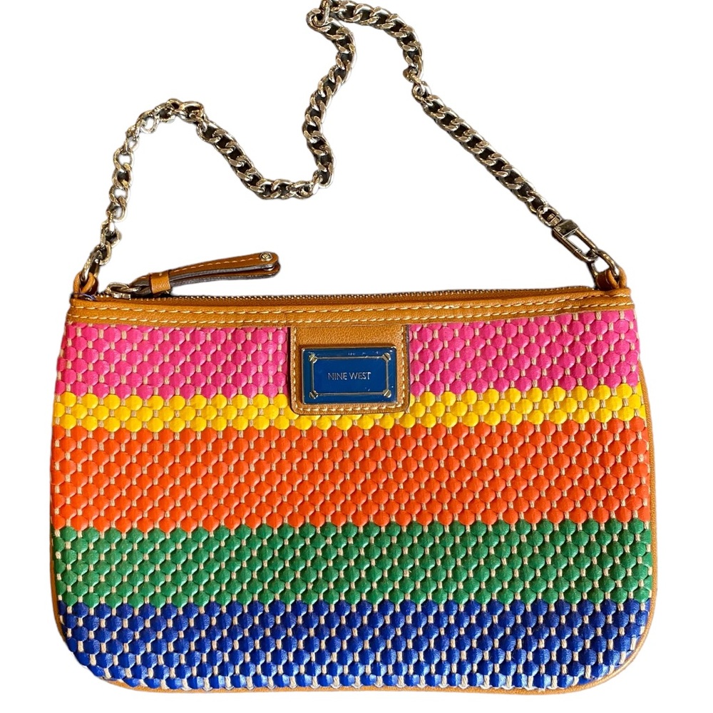 NINE WEST Multi-Color Woven Zip Close Silver Chain Strap Bag Purse - Picture 1 of 6